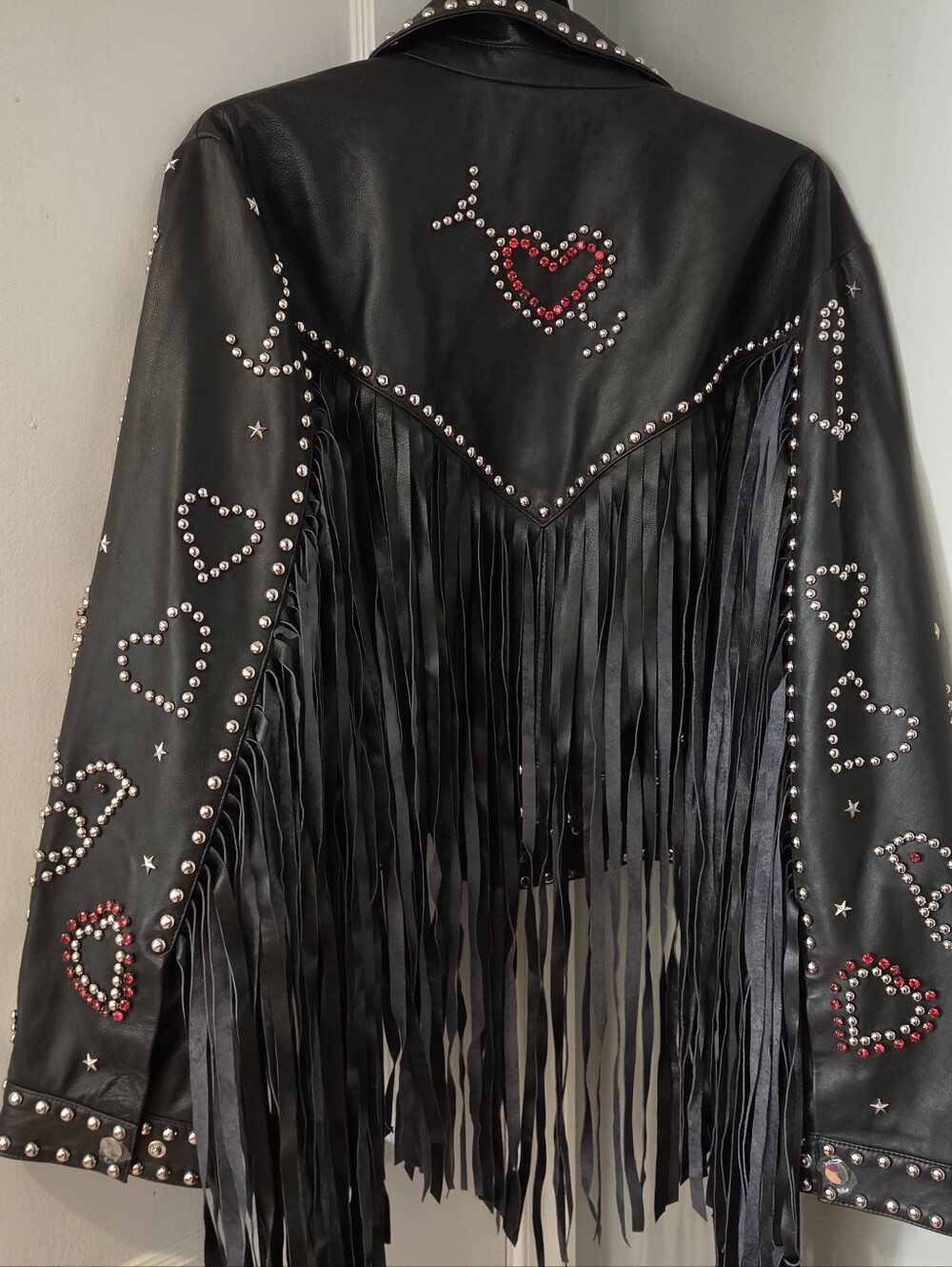 Nasty Gal Black Leather Fringe Jacket with Red Heart Studs - Picture 7 of 9